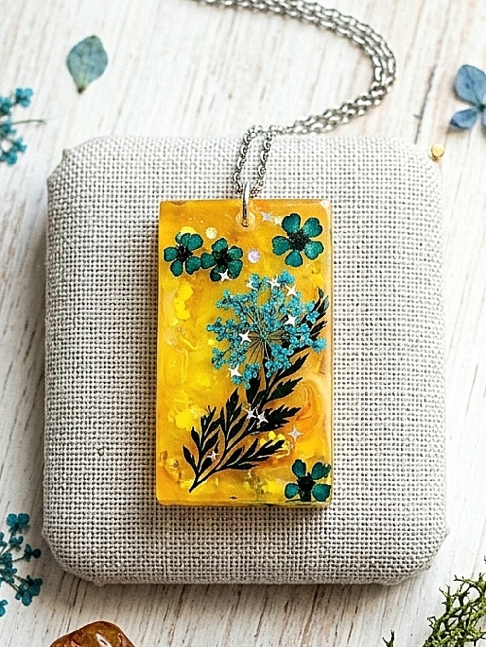 Sunny Yellow Sparkles Real Blue Flowers Green Ferns Nature Life Necklace